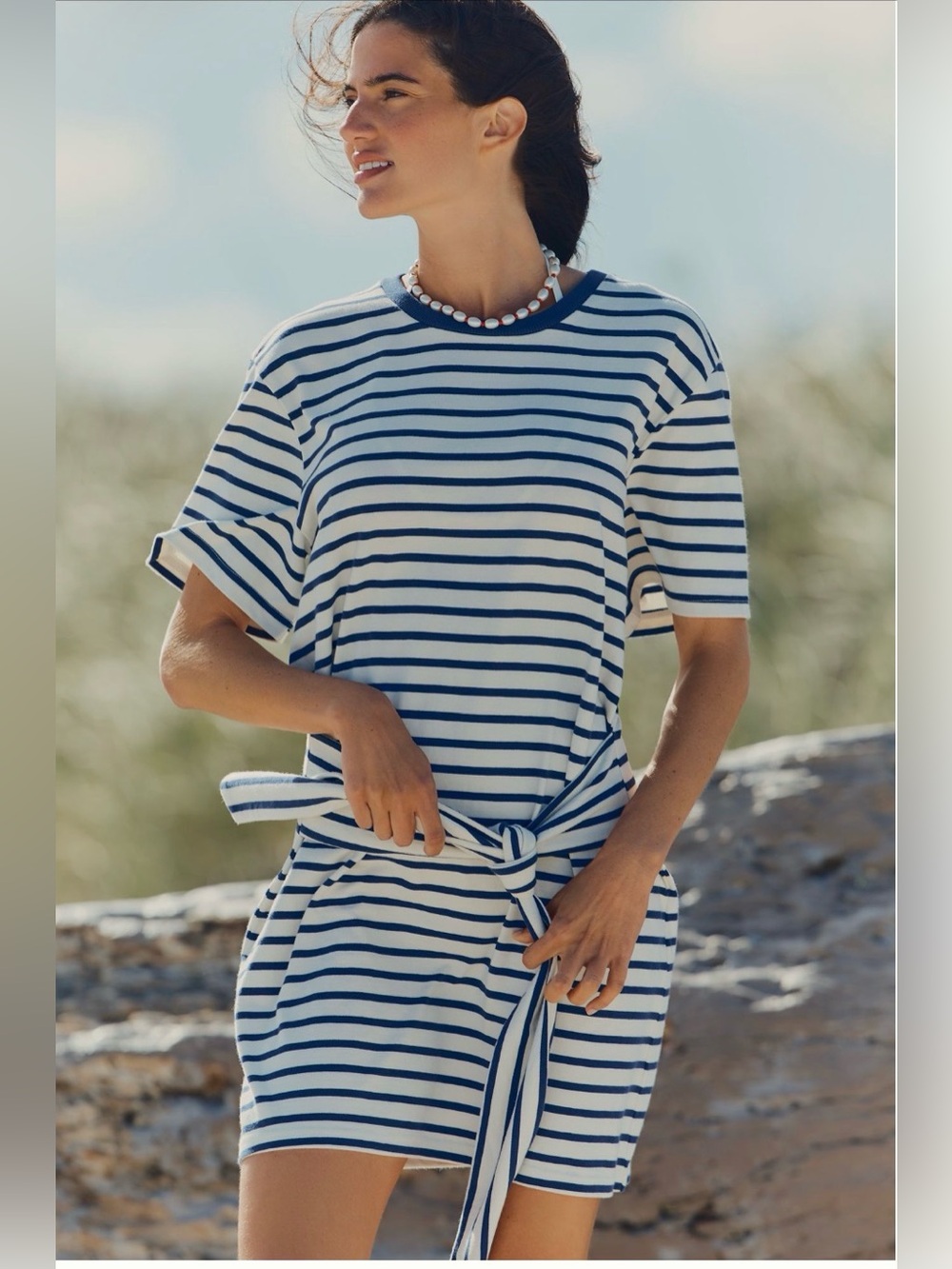 Striped Navy and White Tie-Waist Shift Dress